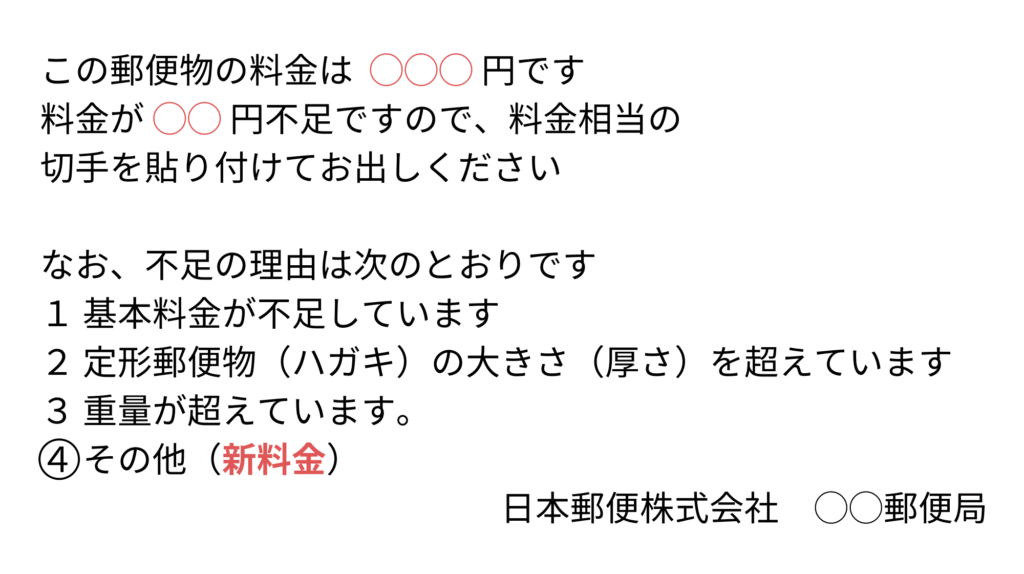 この郵便物の料金は  ◯◯◯ 円です
料金が ◯◯ 円不足ですので、料金相当の
切手を貼り付けてお出しください

なお、不足の理由は次のとおりです
１ 基本料金が不足しています
２ 定形郵便物（ハガキ）の大きさ（厚さ）を超えています
３ 重量が超えています。
４ その他（新料金）
日本郵便株式会社　◯◯郵便局