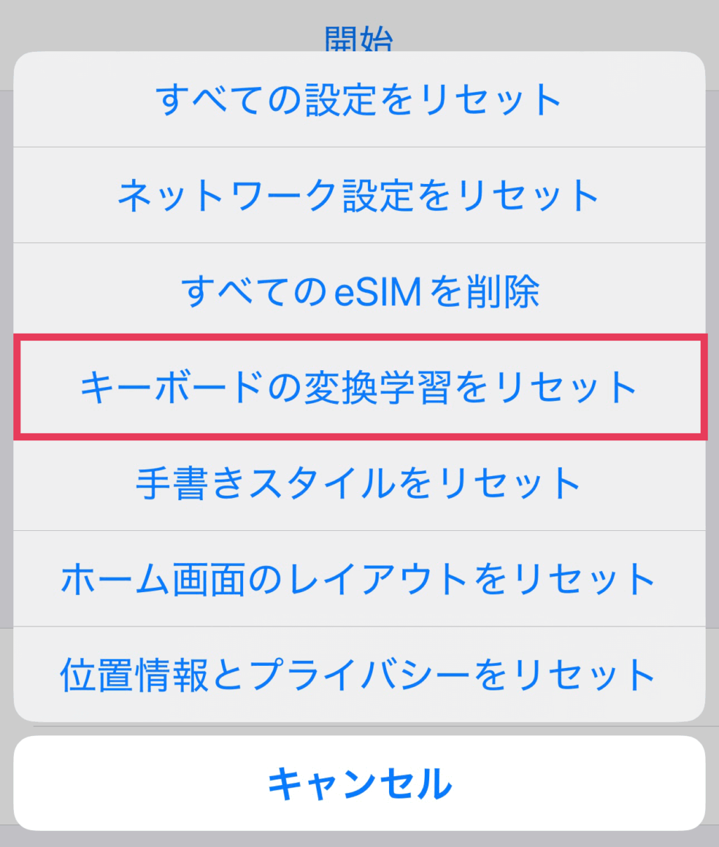 すべての設定をリセット
ネットワーク設定をリセット
すべてのeSIMを削除
キーボードの変換学習をリセット
手書きスタイルをリセット
ホーム画面のレイアウトをリセット
位置情報とプライバシーをリセット
の項目があります。