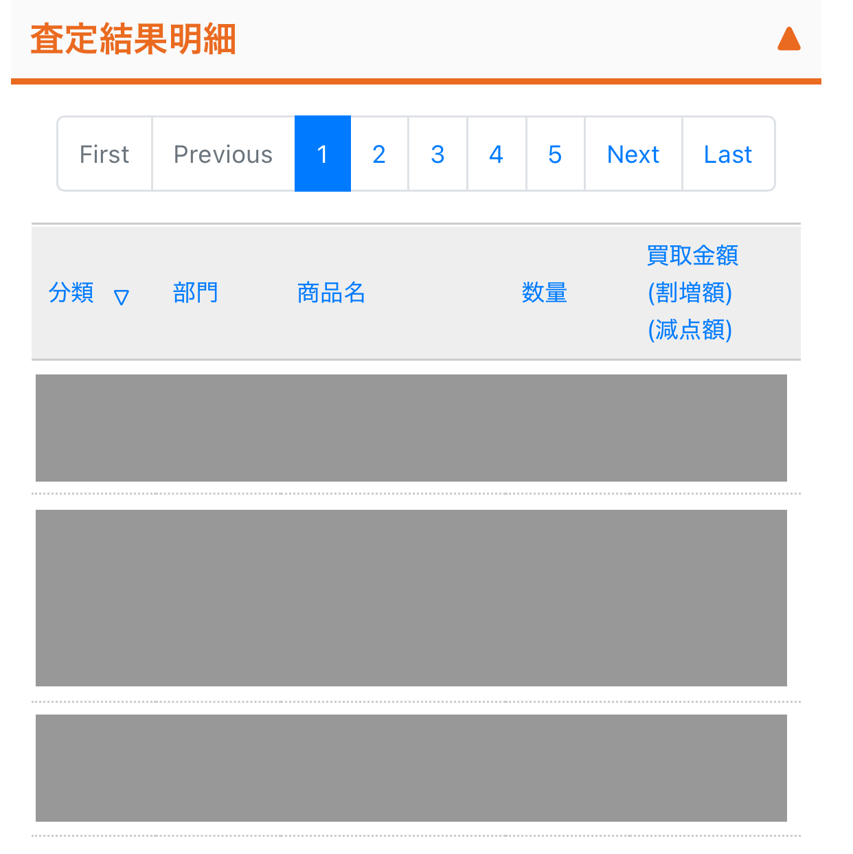 査定結果明細
・分類
・部門
・商品名
・数量
・買取金額(割増額・減点額)