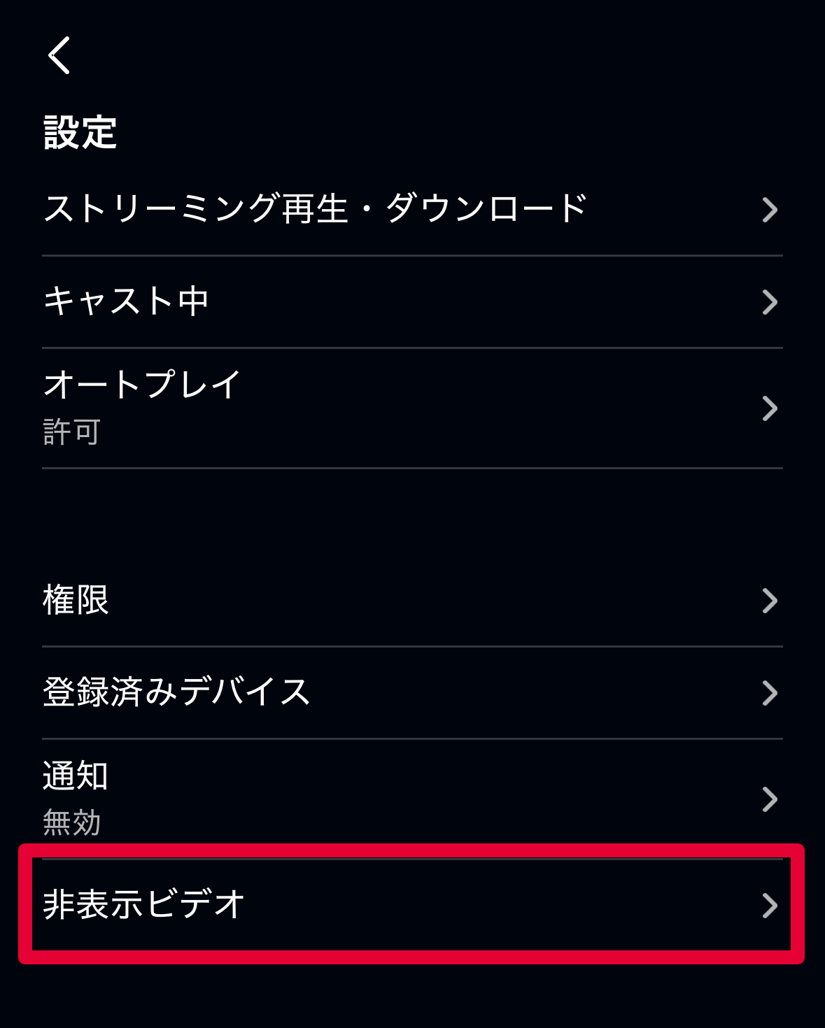 いくつかのタブの中から「非表示ビデオ」を開きます。